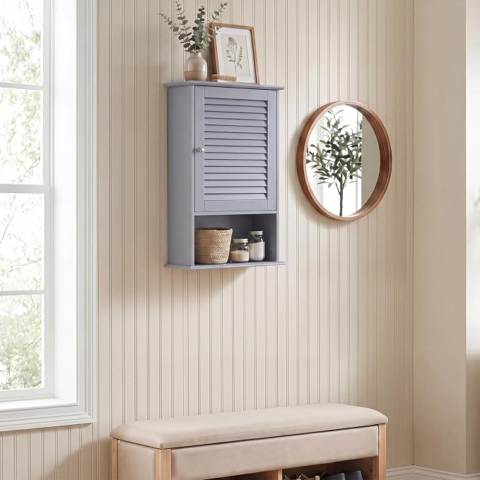 Tangkula Medicine Cabinet, Wall Mounted Bathroom Cabinet Single Door Wooden Bathroom Wall Cabinet with Adjustable Shelf (Grey)