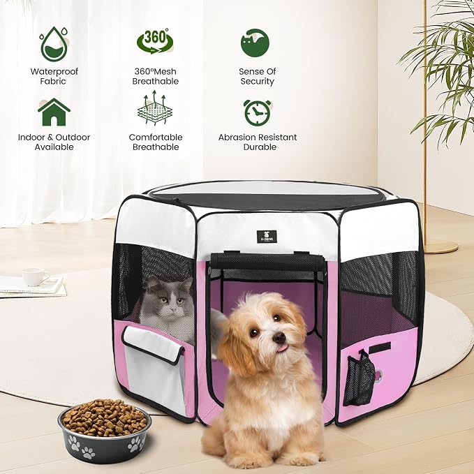 X-ZONE PET Foldable Dog Playpen, Portable Pet Play Pen for Puppy Cat, Pink | Pop‑Up Dog Playpens Indoor & Outdoor, Waterproof Dog Kennel Cage, Removable Top, Travel Camping Playpen, Small Size