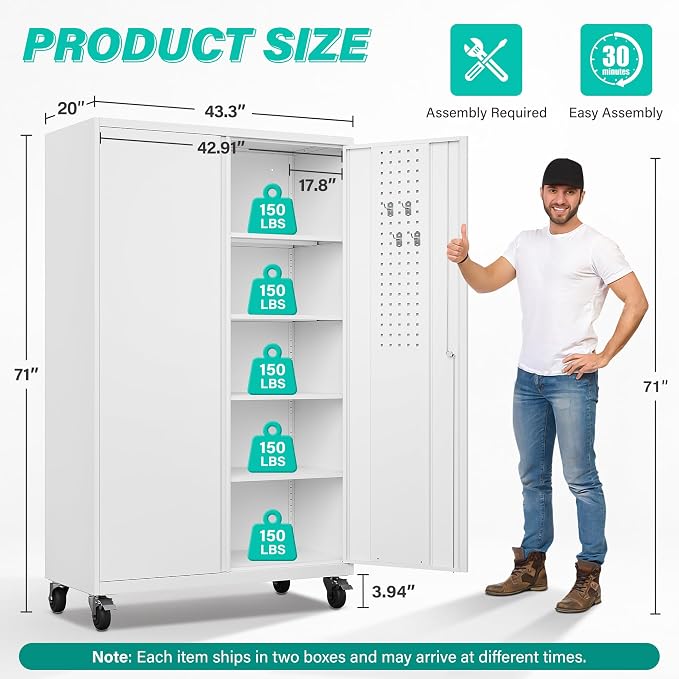 Wide & Deep Metal Storage Cabinet with Wheels,Tall Rolling Garage Storage Cabinet with Lock,White Metal Cabinets with Pegboards and Shelves,Tool Locker for Garage,Home,Office,43''Wx 20''Dx71"H