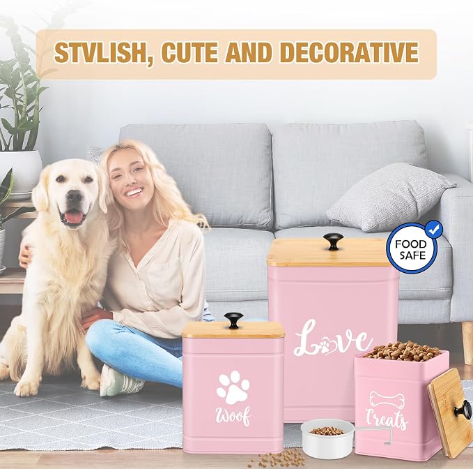 Jingmore Metal Dog Treat Containers Set of 3 with Bamboo Lids and Spoon Airtight 7+3+2 lbs Dog Food Snack Jars with DIY Labels Big Pet Cookie Storage Jar for Kitchen Counter (Pink,Funny)