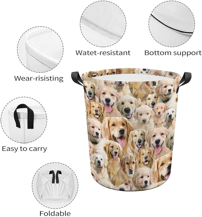 Large Laundry Hamper for Golden Retriever Lover, Waterproof Laundry Basket with Handle, Golden Retriever Print Collapsible Clothes Storage Organization for Bathroom Bedroom Laundryroom
