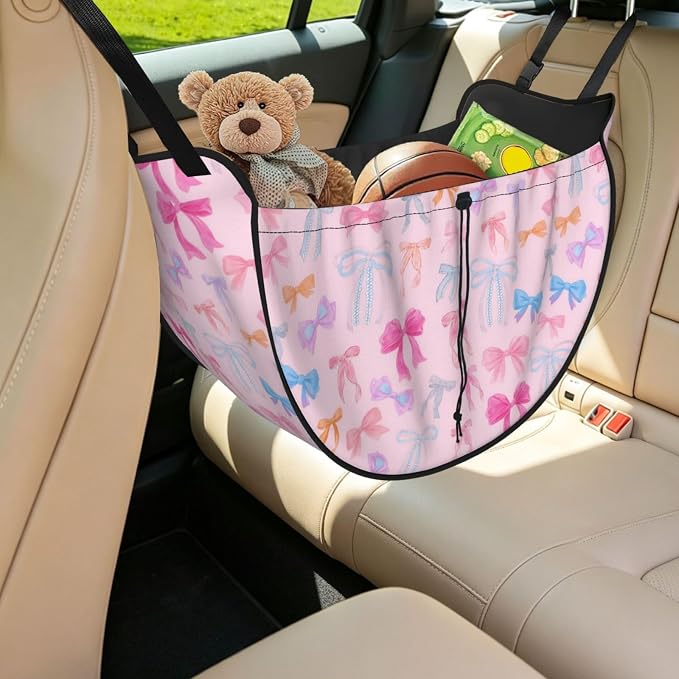 Pastel Bow Car Seat Organizer Backseat Storage Bag, Large Waterproof Vehicle Organizer With Adjustable Straps For Gear Essentials, Fits Most Cars