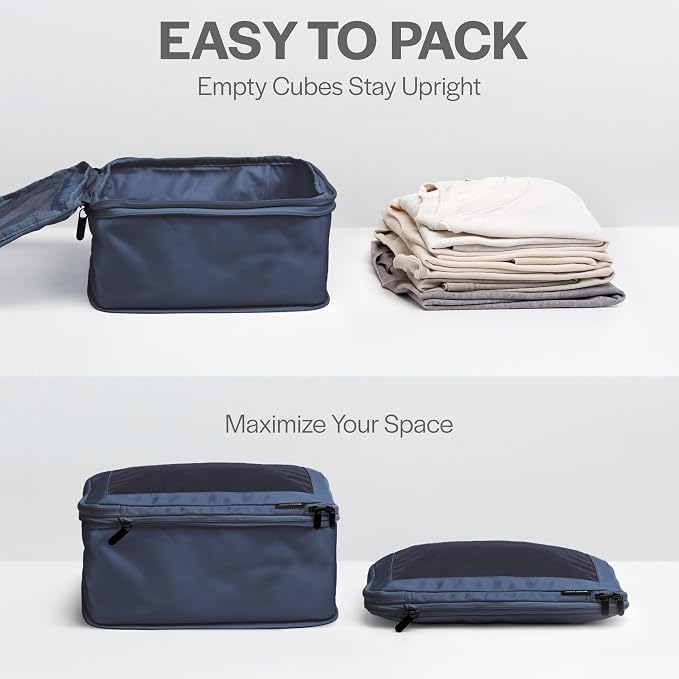 Compression Packing Cubes for Travel, 4-Pack, Dark Blue | Solves overpacking, 4-Piece set fits most carry-ons, 50% Space savings, Compression luggage organizer bags