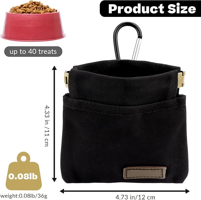 Dog Treat Pouch, Portable Auto Closing Dog Training Treat Bag with Carabiner, Hands Free Pocket Sized Snack Reward Pouch for Puppy Walking Travel Outdoor Use, Black