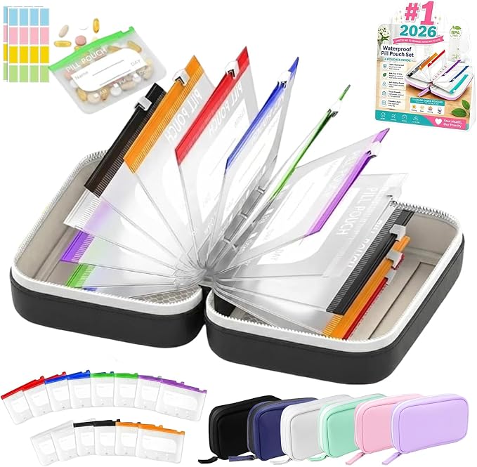 A8 Weekly Waterproof Pill Pouch Set, Reusable Weekly Pill Organizer with 14 Coded AM PM Pouches, Compact Portable Vitamin Supplement Storage Case for Travel Purse Daily Use