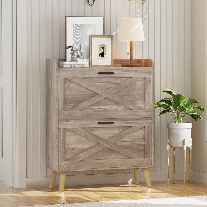 Homleke Farmhouse Shoe Storage Cabinet with Flip Drawers & Barn Door Design | Slim Narrow Shoe Rack Cabinet with Adjustable Shelves & Hidden Storage for Entryway, Foyer, Hallway, Living Room, Greige