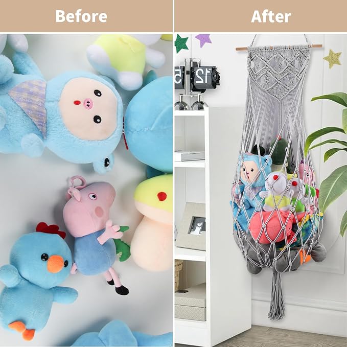 63 Inch Stuffed Animal Storage Corner,Macrame Toy Plushie Net,Gray | Wall Ceiling Over Door Hanging Hammock for Stuffed Animals,Toy Storage Display w/ Star Lights,Nursery Playroom Kid Room Decor