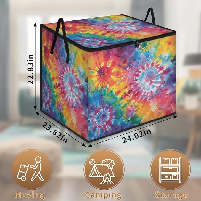 Tie Dye Large Storage Bags, Fabric Bed Storage Containers, Foldable Closet Organizers for Blanket, Clothing, Comforter, Bedding, Colorful