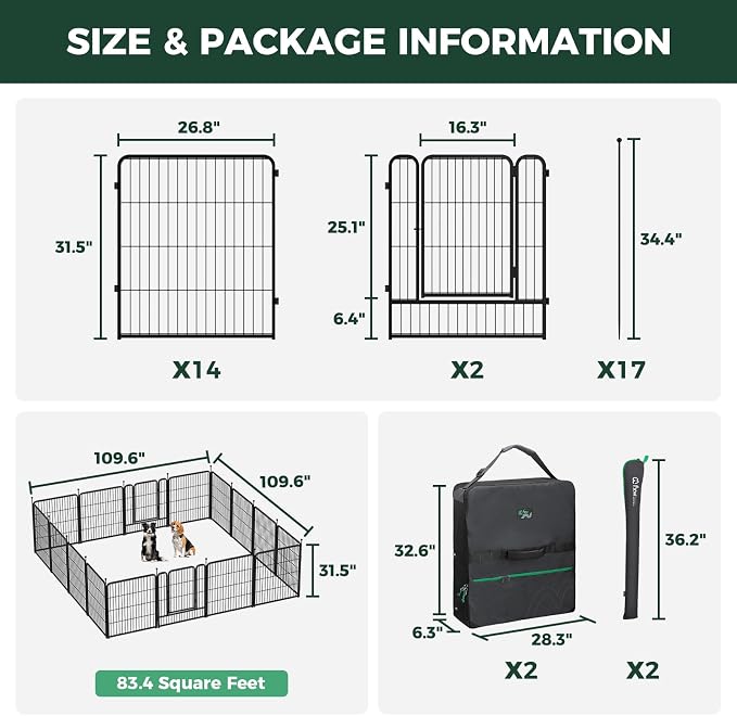 FXW Rollick Dog Playpen with Storage Bags, 32" H, 16 Panels | Heavy-Duty & Easy setup Play Area, 2 Bags for Easy Carry & Storage, For Small & Medium Dogs, Patented