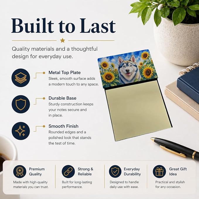 Caroline's Treasures Siberian Husky in Sunflowers Watercolor Sticky Note Holder Refillable Dispenser Desk Accessory 3x3 Pad Gift