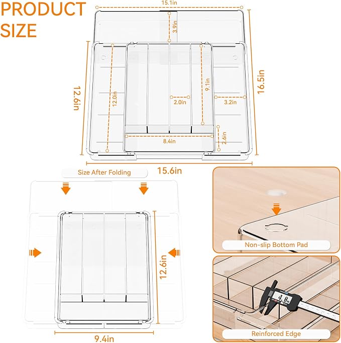 Acrylic Clear Expandable Kitchen Utensil Drawer Organizer and Silverware Organizer,BPA FREE Adjustable Silverware Tray for Drawer Cutlery,Spatula,Tools,Flatware Organizers,Fork and Spoon Holder