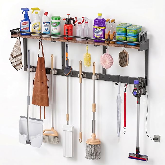 Broom Holder Wall Mount with Shelf,Broom Hanger,3 in 1 Broom and Mop Organizer Wall Hanging for Laundry,Garage,Utility,Broom Rack,Vacuum Stand Alternative,Cleaning Supplies Organizer Storage,Black,XL