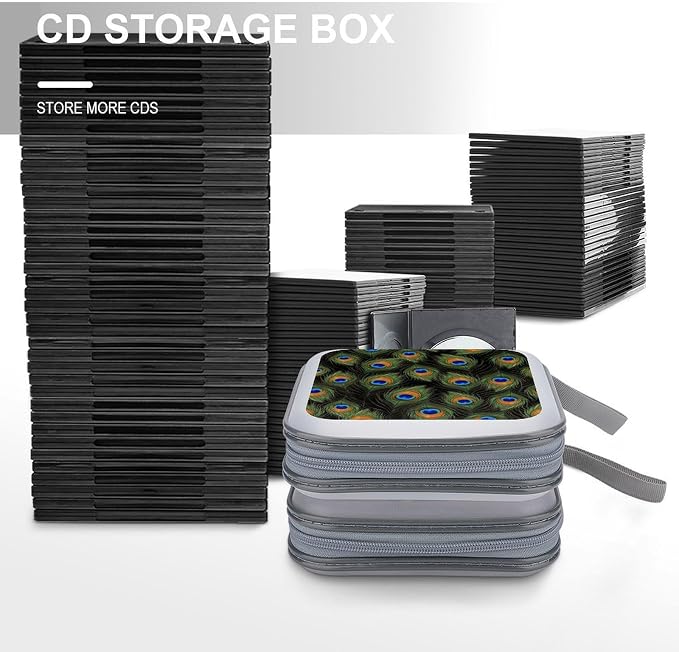 Hard Plastic Protective CD Case Peacock Feathers, 40-Disc Capacity Storage Binder with Zipper, Portable Organizer for Home Office