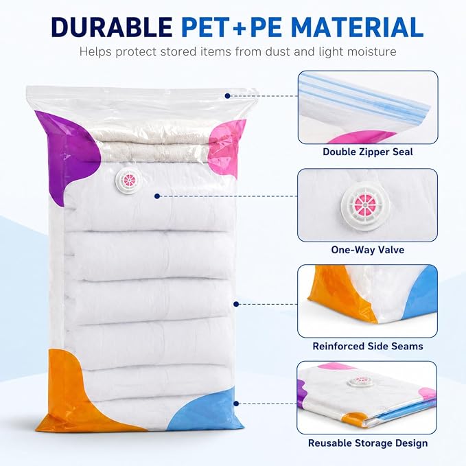 Vacuum Storage Bags, 5-Pack No-Pump 3D Cube Bags for Bedding | XXL standing compression bags for comforters, blankets and seasonal clothes; hand-press or vacuum compatible