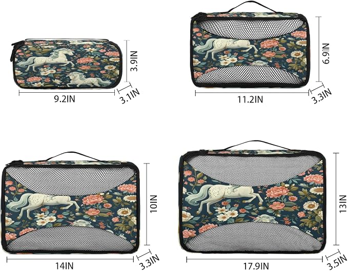 Floral Horse 4 Set Travel Packing Cubes for Accessories, Suitcase Organizers Luggage Bags Set with Double Zippers & Mesh Top