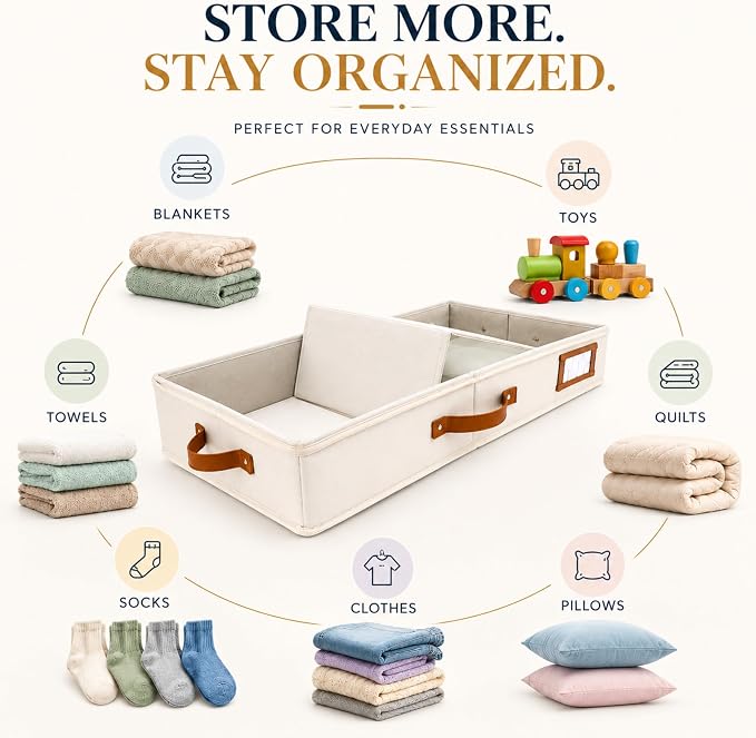HOMELUX THEORY Under Bed Storage, Medium 2pc with Lid, Ivory | Drawer-style pull-out design, Fits blankets, clothes, fabric & shoes, Bins with lids, Bedroom & closet storage