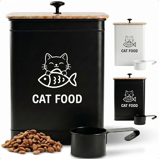 Metal Cat Food Container with Scoop 5-7 lb (25 Cup), w/ Airtight Bamboo Lid | Cat Kibble Canister with Metal Scoop, 25 Cups, Chew Proof Iron Body, Powder Coated, Airtight Bamboo Lid, Sturdy Metal Handle