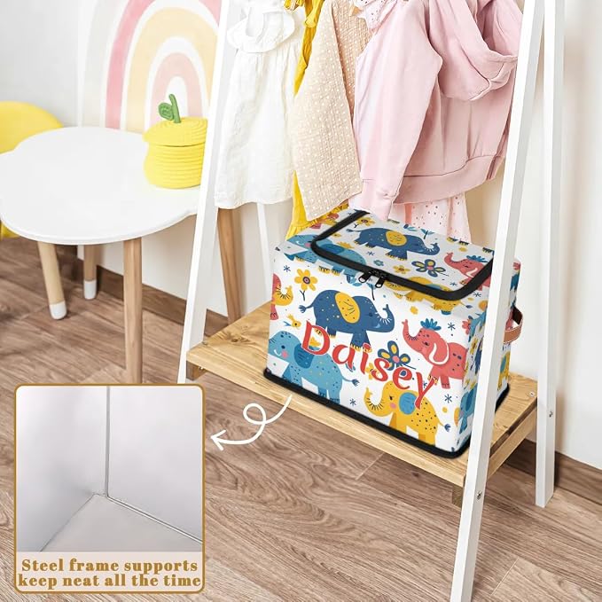 Custom Cute Elephant Storage-Bin With Zipper Lid for Kids-Girls-Boys-Baby-Pet,Personalized Name Foldable Storage Box with Handle,Baby Basket With Label for Bedroom Nursery Toy Clothes,Multi