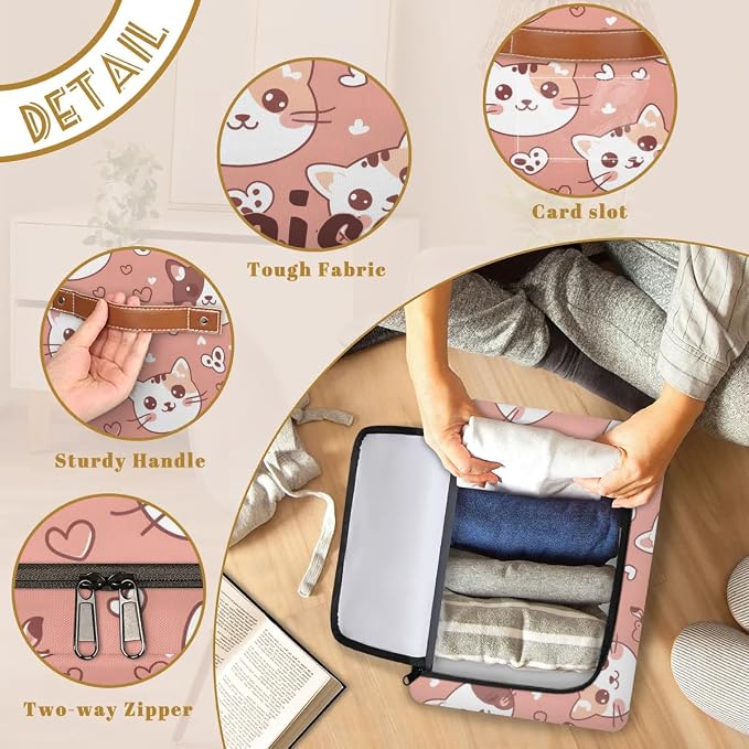 Custom Cute Cats Storage-Bin With Zipper Lid for Kids-Girls-Boys-Baby-Pet,Personalized Name Foldable Storage Box with Handle,Baby Basket With Label for Bedroom Nursery Toy Clothes,Pink