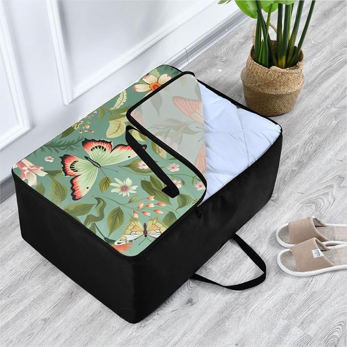 Comforter Storage Bags Large Folding Blanket Organizer Bag with Strong Handles Clear Window Closet Storage Containers for Clothes King Queen Pillows Bedding Quilt Duvet Sage Green Butterfly Flo