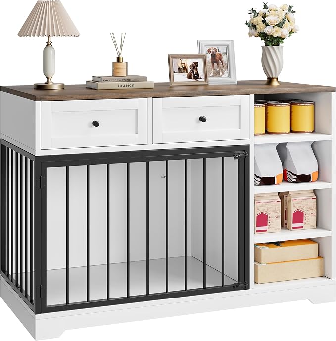 GarveeHome 47" Medium Dog Crate Furniture with Storage, White | Dog Crate TV Stand with 2 Drawers and 4 Open Shelves, Wooden Decorative Dog Kennel Indoor