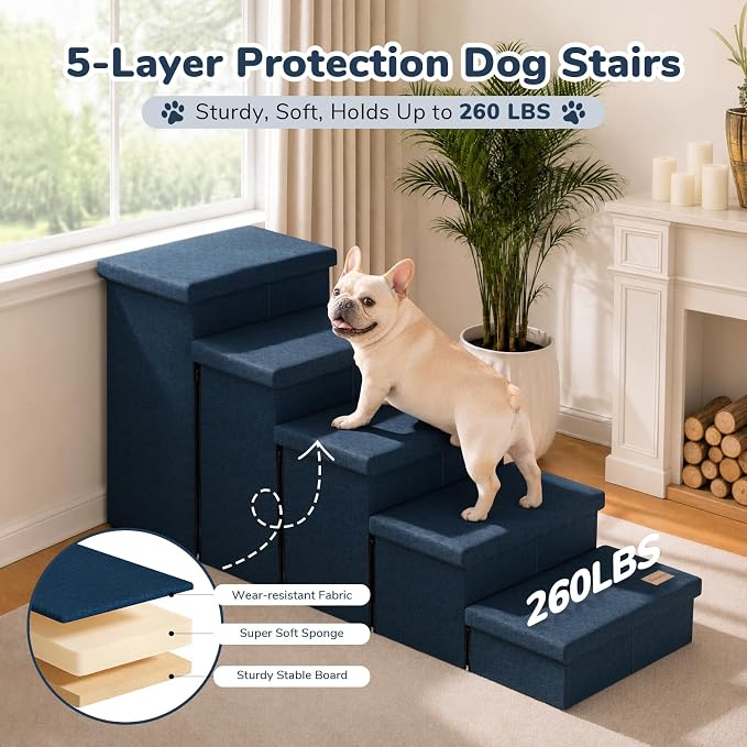 5-Step Wide Dog Stairs with Storage 23" H, Non-Slip Sturdy Pet Steps for High Bed Couch Window, Pet Stairs for Small/Medium/Large Old Dogs Cats Up to 220lbs, Cat Dog Steps for Car/SUV, Navy