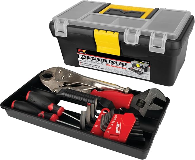 Performance Tool W54012 Heavy Duty Plastic Organizer Tool Box for Workshops and Garages, Black, 12.5-Inch | Tool organizer with ergonomic comfort handle. Plastic portable tool carrying case for hobbies and more