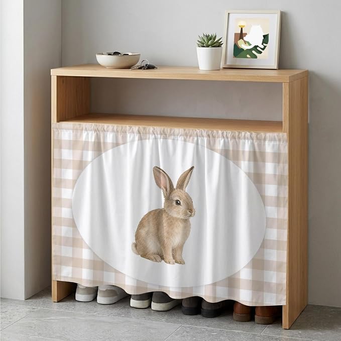 Rabbit Plaid Cabinet Dishwasher Hidden Curtains, Privacy Closet Door Curtain, Modern Farmhouse Checkered Rustic Animal Adhesive Dust Proof Under Sink Skirt for Bathroom Kitchen 35"x35"