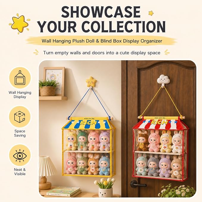 Dustproof Hangingcute Doll Storage Display Organizer with Clear PVC Cover | Cute Doll Storage Bag,High-Contrast Fabric Plush Figure Wall Holder for Labubu Molly Dimoo,Gift for Doll Collectors