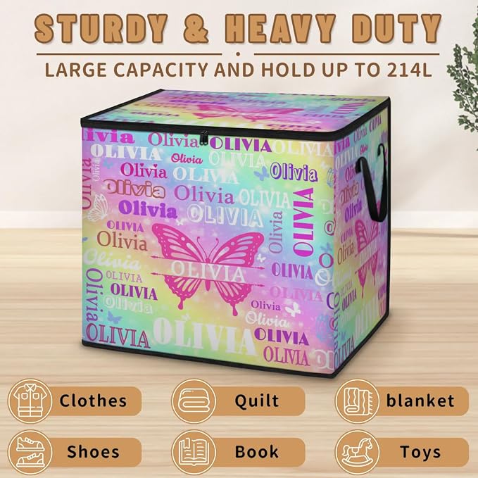 Personalized Butterflies Storage Bags with Lid Large Blanket Clothes Organization Storage Containers for Comforters,Bedding, Foldable Organizer with Reinforced Handle, Colorful Galaxy with Stars