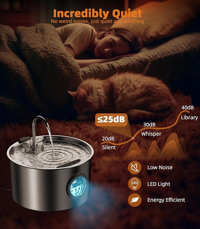 3.2L Cat Water Fountain Stainless Steel with 20 Filters Automatic Pet Water Fountain for Cats/Dogs Indoor Ultra Quiet Metal Cat Fountains for Drinking Kitty Watering Supplies for Animals