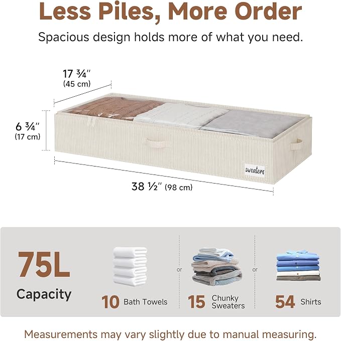 StorageWorks 7 Inch Low Profile Under Bed Storage Containers with Clear Lid | Reinforced Structure, Resists Sagging, Handles & Label Holder, Foldable Stackable Closet Storage for Clothes, Blankets, Toys