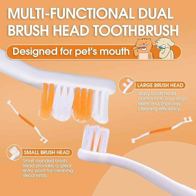 Dog Toothbrush – Newly Upgraded Dual-Head Design with 60° Wavy Bristles–Gently Surrounds Teeth for Deep Cleaning and Plaque Removal – Non-Slip Handle, Ideal for Daily Pet Dental Care (Orange, 1-Pack)