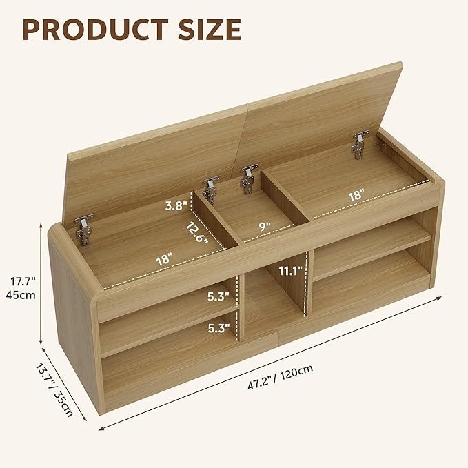 Shoe Storage Bench with Flip-Open Box & Shelf, Natural | 47.2in Bench Fits Hallways, Bedrooms And Living Room, With Sturdy Wood Construction For Daily Use