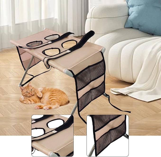 Fenteer Pet Grooming Table with Fix Straps Foldable Washing Station Grooming Stand Frame Animal Cleaning Accessories for Bathing Nail Trimming Suitable for, Khaki