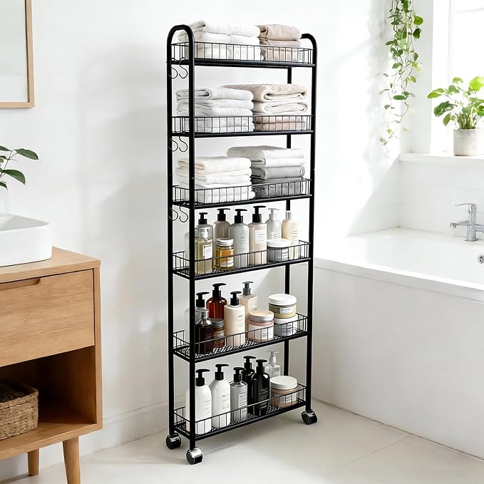 6in 6 Tier Slim Storage Cart with Wheels, Narrow Space Rolling Shelving Unit, Metal Wire Mobile Organizer Rack for Kitchen Bathroom Office Laundry