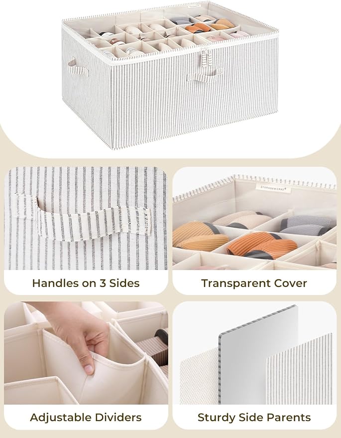 StorageWorks Shoe Organizer for Closet, Fits up to 24 Pairs, Shoe Cubby Storage Containers with Adjustable Dividers and Clear Cover, Khaki and Beige Stripes | Adjustable Dividers, Holds up to 24 Pairs, Foldable, Clear Lid, Soft Handles, Fits Boots, San...