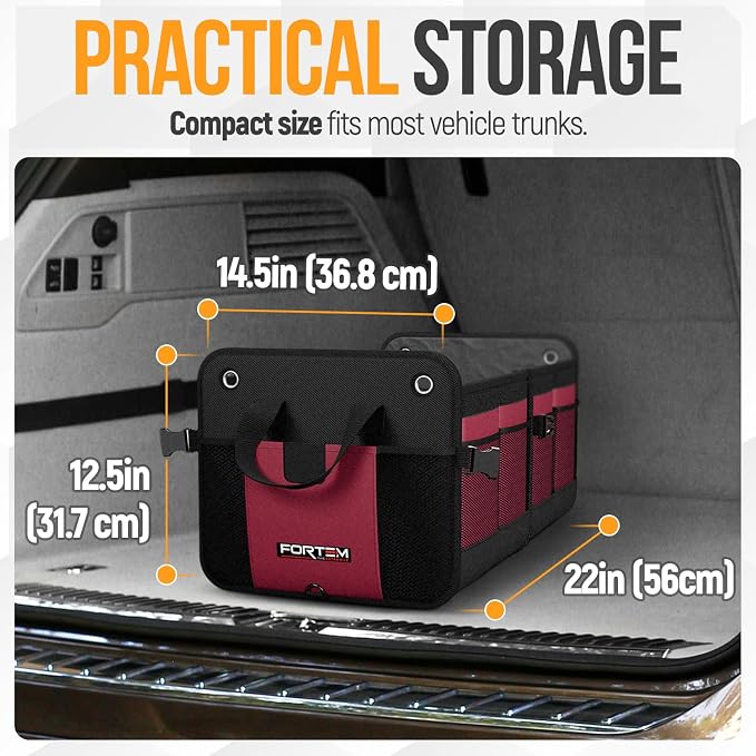 FORTEM Trunk Organizer - Collapsible Car Organizer & Storage Bag for SUVs | Car Accessories for Men & Women, Cooler Bag, Non Slip Bottom, Straps, Soft Cover, 1680D Oxford, 3 Compartments, Red, 65L