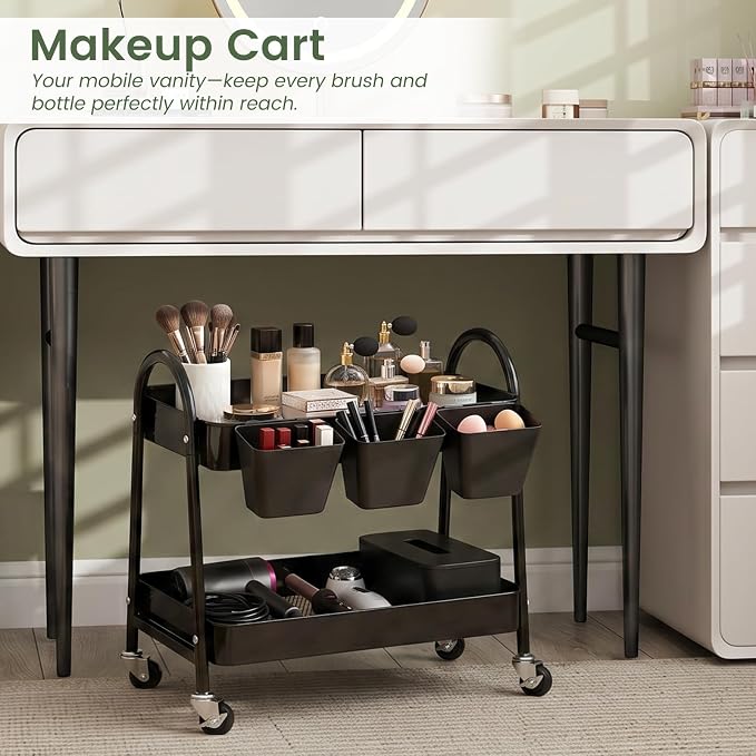 danpinera 2-Tier Rolling Cart, Utility Cart Mobile Metal Rolling Storage Cart with Lockable Wheels & Hanging Cups & Hooks for Kitchen, Bathroom, Office, Workshop, Purple