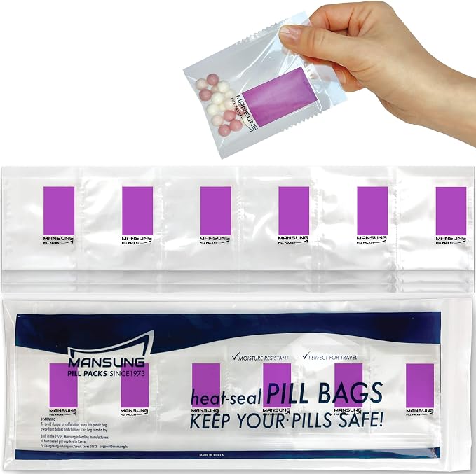 Mansung M 600 Bags/Purple, Heat Seal Pill Bags, Suite, Sorter Organizer for Medication, Food Safe, BPA Free Heat Seal Bag pouche Pack Organizer Dispenser kit Daily Blister Packs Use with Tray, AM PM