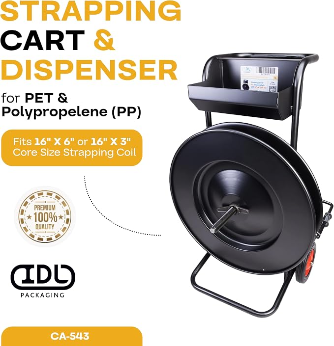 IDL Packaging Strapping Cart & Dispenser for PET Strapping (16" x3/6" Core) | CA-543 for Polyester (PET) Coils - Improved Brake System - Built-in Tray for Tools, Seals, and Gloves