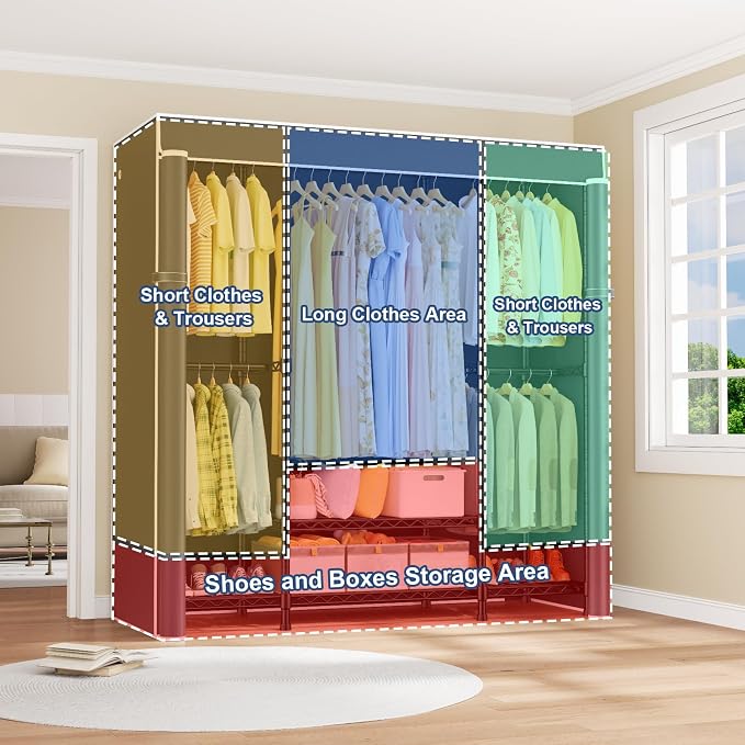 E3C Black Clothes Rack with Gray Cover, Heavy Duty Garment Rack | Freestanding Metal Closet System Storage Organizer for Clothing, Clothing Rack Holds up to 850 lbs, 59.5"W x 16.5"D x 77.4"H