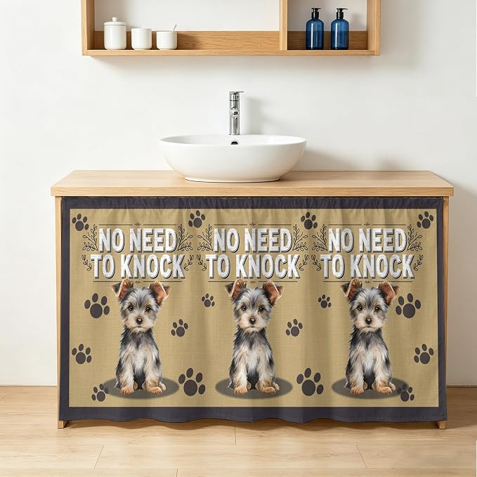 NO Need to Knock Sink Skirt for Bathroom, Self-Adhesive Under Sink Curtain, Terrier Puppy Paw Prints Pet Lover Farmhouse Hide Pipes & Storage Fabric Cabinet Skirt Cover for Kitchen Laundry 32"x55"