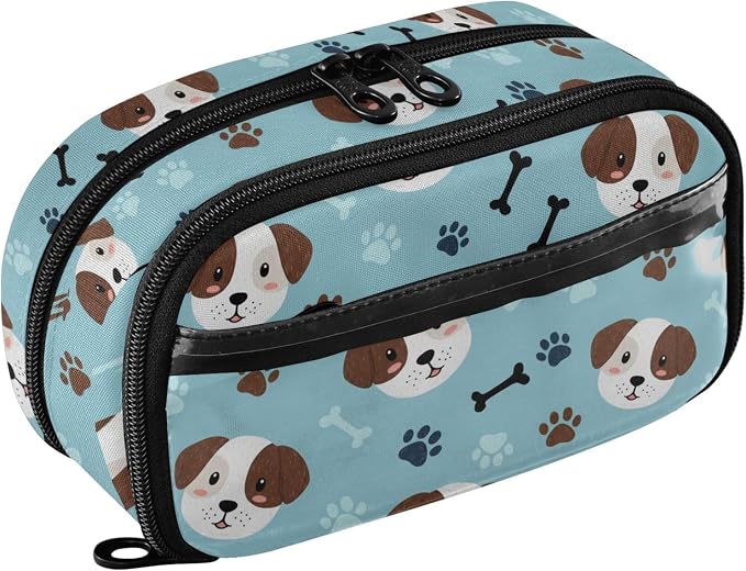 Cute Pets Puppies Blue pattern Large Capacity Pencil Case with Zipper Water Resistant Portable Organizer Pen Bag for School Office Students