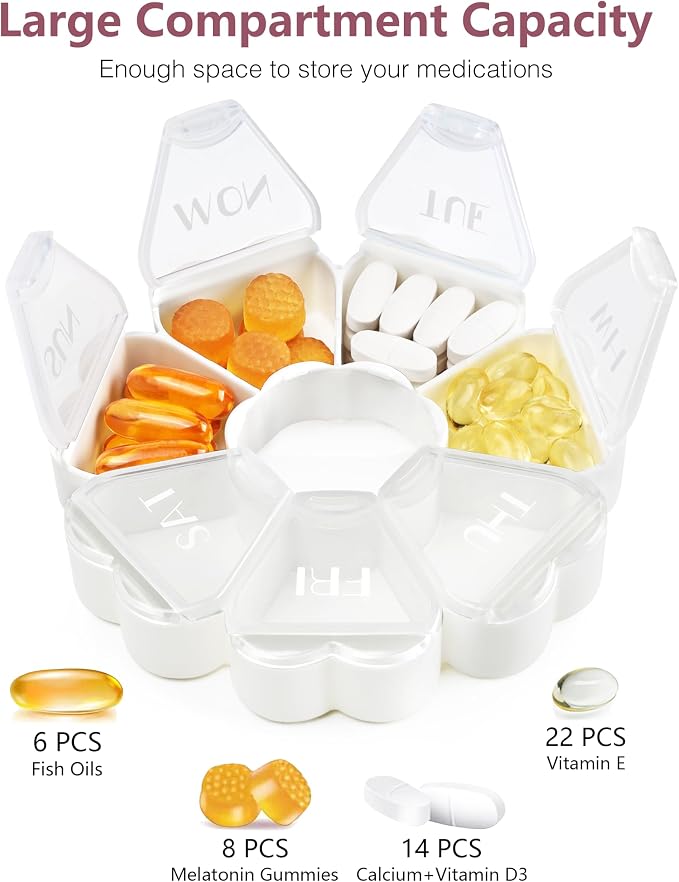 MOLN HYMY Large Weekly Pill Box 7 Day, Cute Pill Case Organizer 1 time a Day, Floral Pill Container Once Daily, Pretty Medicine Dispenser for Vitamin/Fish Oil/Medication/Supplements (Clear White)