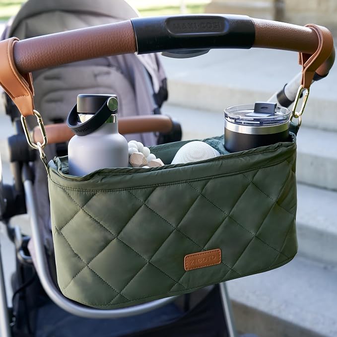 Beautiful Stroller Caddy Organizer With 2 Cup Holders - Zipper Pocket Bag | Luxury Stroller Bag with Universal Fit and Leather Straps - Spacious Accessories Perfectly Fits Doona, Nuna and Uppababy