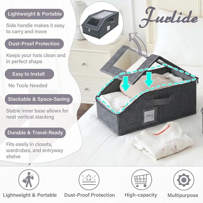 Furlide Hat Organizer for Baseball Caps, 2 Pack Stackable Storage Boxes | Protects 24-30 Caps From Dust and Pet Hair; Stackable Base, Clear Window, Front Opening and Handles Simplify Closet Storage.