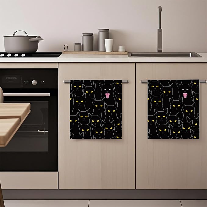 Black Cat Cute Cats Hand Towels,Set of 2 Absorbent Bath Towel Kitchen Dish Towel Home Gym Hotel Bathroom Decor,16x24 Inches