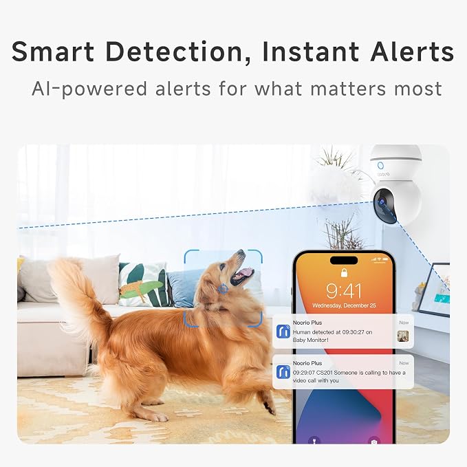Noorio 2K 4MP Indoor Security Camera,UHD 360° PTZ Pet Camera,2.4GHz,CS201 | One-Touch Call, 24/7 Continuous Recording, 360° PTZ Coverage, Night Vision, Auto Motion Tracking, Two-Way Audio, 2.4 GHz WiFi