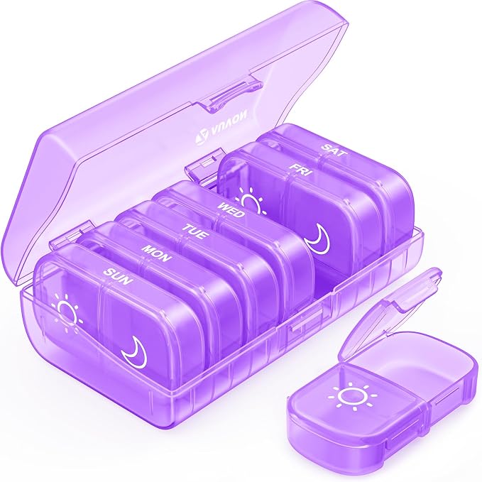 AUVON Weekly Pill Organizer 2 Times a Day, One-Side Large Opening, Easy‑Use | XL AM PM Pill Case, Travel Pill Box 7 Day, Medication Organizer for Medications, Vitamins, Fish Oils, Supplements, Purple